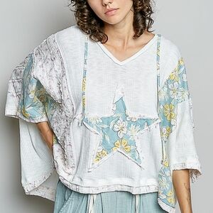 084 POL Floral Star Patchwork Tunic - White, Light Blue, Yellow